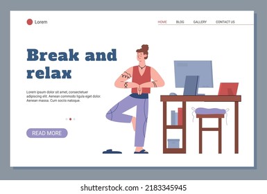 Break and rest activities in the office concept of web page, flat cartoon vector illustration. Sports and fitness break in the company or at home at workplace.