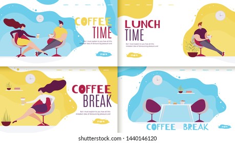 Break and Rest Time in Office Landing Page Set. Cartoon Business People Characters Having Lunch, Drinking Coffee, Talking and Relaxing Along at Comfortable Workplace. Vector Flat Illustration