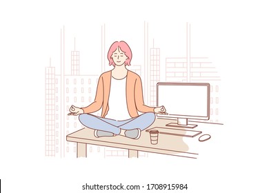 Break, rest, yoga, meditation, relax, business concept. Young businesswoman leader clerk manager sits on work table in office. Recreation after work process, stress.