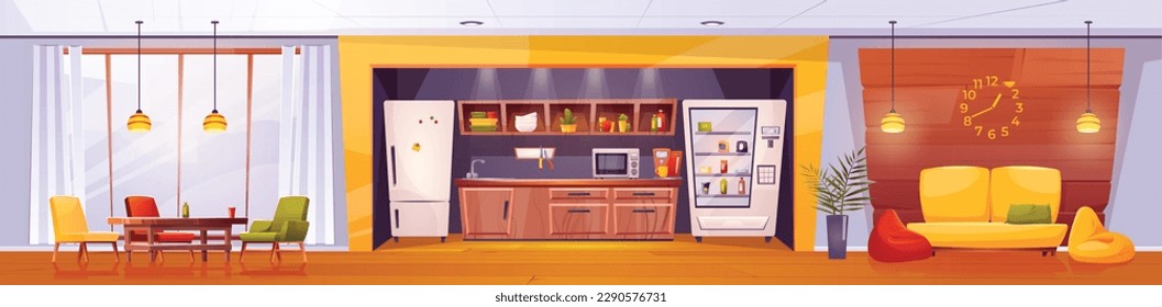 Break room with kitchen in office. Lunch table with chair at work. Canteen interior with fridge, microwave and drink bottle in vending machine. Company lobby ergonomic design cartoon illustration.