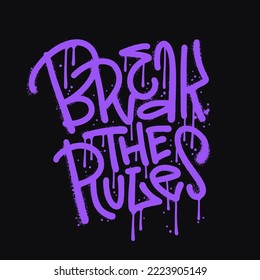 Break the rules - inspirational quote in urban street graffiti style with splash effects and drops on black background. Vector textured Illustration for printing, covers, posters, sticker, t-shirts