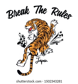 Break the rules.Japanese style tiger and flower vector illustration.Tiger embroidery patch print.