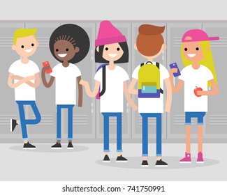 Break at school. Conversation. Front and rear views of teenagers at school corridor. Multiracial friends. Millennials at school. Generation z / flat editable vector illustration, clip art