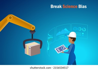 Break the science bias concept. African woman engineering use intelligence robotics hand and growth graph for analysing. Break the bias, discrimination, diversity equality and girl power.