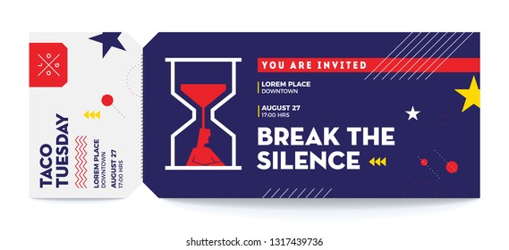 Break the Silence Invite Ticket Concept. Entrance to an event. Get Help Ticket Template. Vector illustration of a man waiting. Person in hour glass. People time concept.
