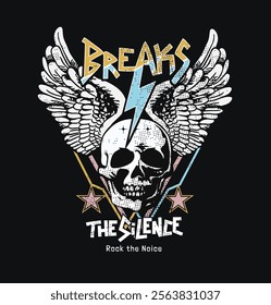 break the silence slogan with skull on wings background rock style vector illustration