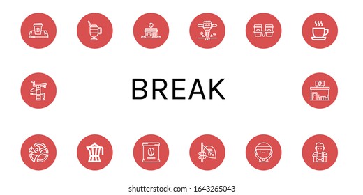 break simple icons set. Contains such icons as Coffee cup, Latte, Coffee shop, Jackhammer, Cup carrier, Cup, Broken plate, Coffee maker, bag, can be used for web, mobile and logo