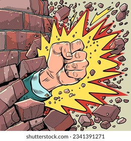Break through barriers. Strength of mind. A man fist with an explosion breaks the wall. Pop Art Retro Vector Illustration Kitsch Vintage 50s 60s Style