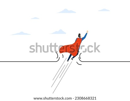 Break through business barriers, solve problems, business solutions and strive for growth, overcome difficulties or obstacles to success, a strong entrepreneur hero breaks through the barrier line.