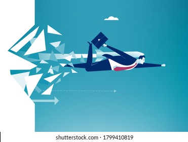 Break Through. Manager With Rocket Engine Breaks The Wall. Business Concept Illustration.