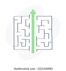 Break Through The Maze, Solution Of The Problem, Straight Road Punching Labyrinth, Find Way Out, Crashes Through The Walls, Move Forward Despite Everything. Outline Vector Illustration On White.