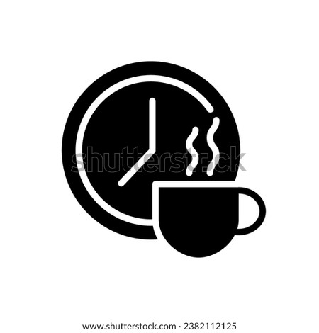 Break time black glyph icon. Scheduled period for employee lunch. Non-productive time. Nounbreak for coffee. Silhouette symbol on white space. Solid pictogram. Vector isolated illustration