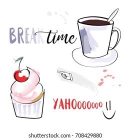 Break time. Coffee cup with cake for time break. Coffee time concept. Vector illustration.