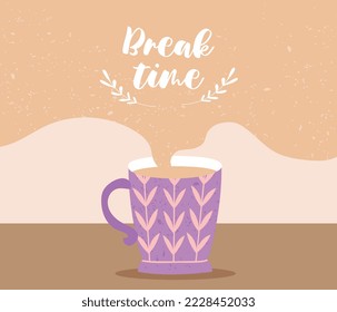 Break time coffee. Mug with hot drink, aroma and beverage. Advertising poster or banner for website. Cafe or restaurant menu. Comfort and coziness, rest and relax. Cartoon flat vector illustration