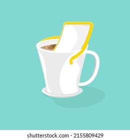 Break time concepts, Cartoon smartphone design relaxing in coffee mug, Vector illustration.