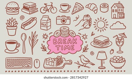 Break time doodle illustration with food drinks books tech and leisure items in playful style on beige background