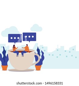 Break time flat vector concept couple talking above a cup of coffee. Illustration For Wallpaper, Banner, Background, Infographic, Book Illustration, And Web Landing Page.