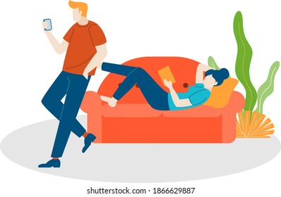 break time holiday lying on the sofa and playing on the phone illustration flat design