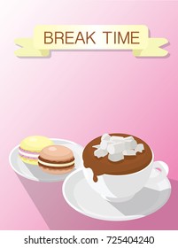Break time. Hot cocoa with macaroons. Vector illustration EPS 10.