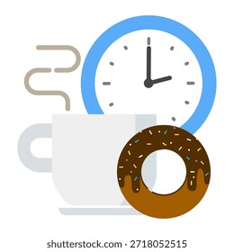 Icono de tiempo de descanso con una taza de café o té, merienda y reloj.