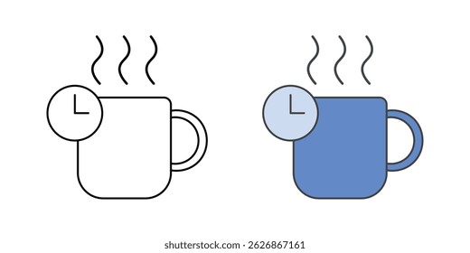 Break time icon – steaming hot drink with a clock, symbolizing relaxation, coffee break, and healthy work-life balance.