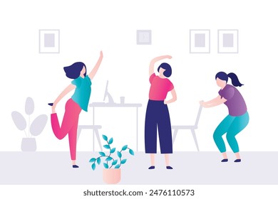 Break time. Office female employees exercise at work, stretch near desk. Three business women practicing workout at workplace doing squats, leans and lunges enjoying break. flat vector illustration