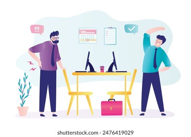 Break time. Office male employees exercise at work, stretch near the desk. Businessmen practicing workout at workplace doing squats, leans and lunges enjoying break. Cartoon flat vector illustration