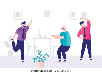 Break time. Office male employees exercise at work, stretch near desk. Three young and old businessmen practicing workout at workplace doing squats, leans and lunges enjoying break. flat vector