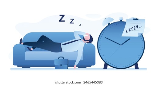 Break time. Procrastination do it later, postpone to work tomorrow, unproductive. Lazy worker man sleeping on lies on couch. Big note with written word - later sticky on alarm clock. Flat vector