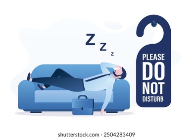 Hora de descanso. Procrastinación hazlo más tarde, posponlo para trabajar mañana. Sobrecarga de trabajo, agotamiento. Hombre trabajador cansado o perezoso que duerme en mentiras en el sofá. Gran signo - no molestar. Ilustración vectorial plana