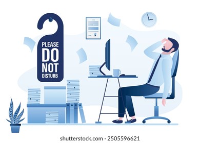 Hora de descanso. Procrastinación hazlo más tarde, pospón el papeleo mañana. Sobrecarga de trabajo, agotamiento. Hombre trabajador cansado o perezoso que duerme en el lugar de trabajo. Gran signo - no molestar. Ilustración vectorial plana