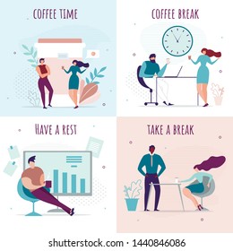 Break Time and Rest in Office during Working Day. Cartoon Cards Set with People Community. Male and Female Workers Relaxing, Talking, Drinking Hot Beverage. Vector Business and Management Illustration