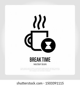 Break time thin line icon. Cup of hot coffee and hourglass symbol. Vector illustration.