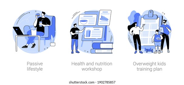 Break unhealthy habits abstract concept vector illustration set. Passive lifestyle, health and nutrition workshop, overweight kids training plan, child obesity, junk food, workout abstract metaphor.