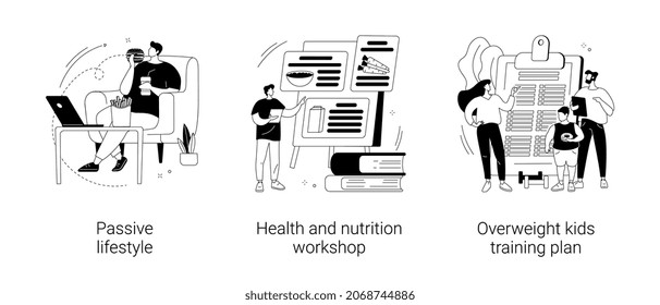 Break unhealthy habits abstract concept vector illustration set. Passive lifestyle, health and nutrition workshop, overweight kids training plan, child obesity, junk food, workout abstract metaphor.