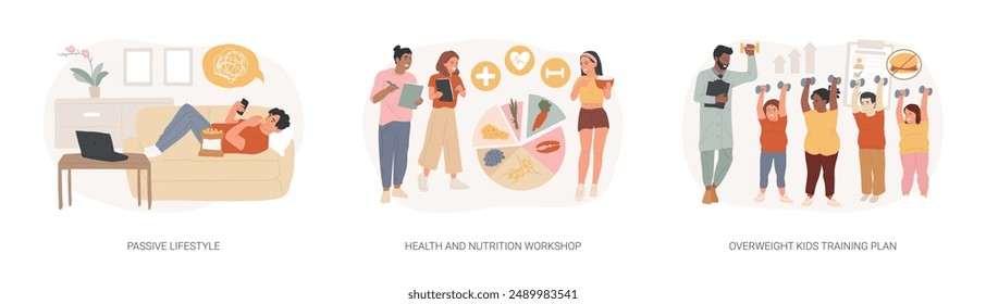 Break unhealthy habits isolated concept vector illustration set. Passive lifestyle, health and nutrition workshop, overweight kids training plan, child obesity, junk food, workout vector concept.