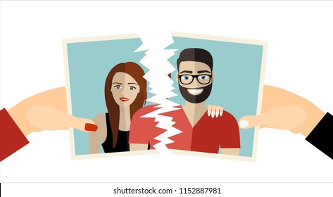 Break up. Crisis relationship divorce. Man and woman tear a group photo as symbol conflict, unhappy love. Vector illustration flat design. Parting couple.