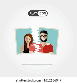 Break up. Crisis relationship divorce. Man and woman tore up a group photo as symbol conflict, unhappy love. Vector illustration flat design. Parting couple.
