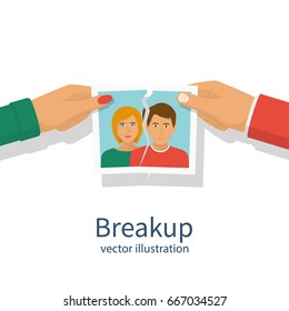 Break up. Crisis relationship divorce. Man and woman tear a group photo as  symbol conflict, unhappy love. Vector illustration flat design. Parting couple. Isolated on white background.