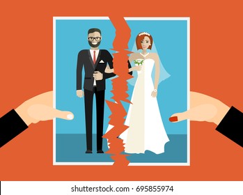 Break Up. Crisis Relationship Divorce. Man And Woman Tear A Group Photo As Symbol Conflict, Unhappy Love. Vector Illustration Flat Design. Parting Couple.