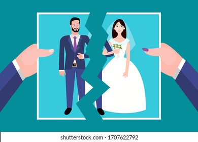 Break up, divorce concept. Crisis in a relationship, unhappy love. Woman and man hands tearing a their wedding photo as symbol of conflict between them. Vector illustration flat design. Parting couple