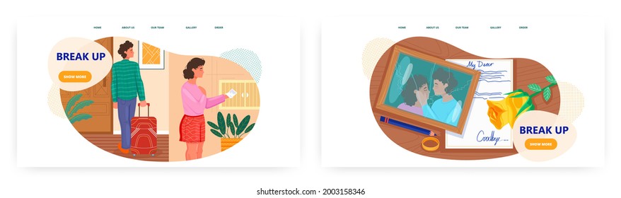 Break up, landing page design, website banner vector template set. Relationship crisis, divorce, conflict, unhappy love.