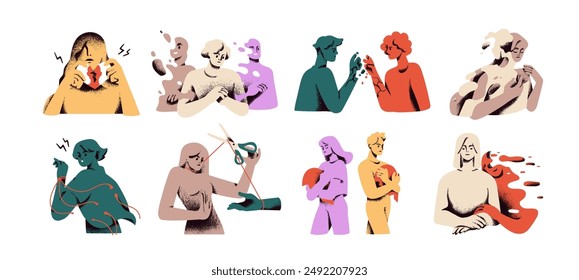 Break up, relationship end. Love couples breakup, divorce. Friend and partner loss, leaving, split, breakdown. Psychology concept set. Abstract flat vector illustration isolated on white background