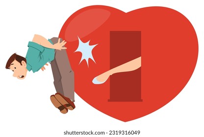 Break up. Woman kicks man. Girl kicks guy out of her heart. Funny people. Illustration concept template for website, web landing page, banner, presentation, social, poster, promotion or print media.