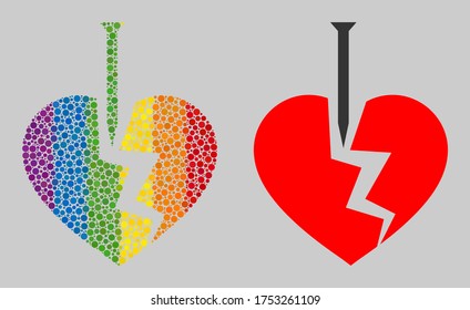 Break valentine heart mosaic icon of filled circles in different sizes and spectrum color tinges. A dotted LGBT-colored Break valentine heart for lesbians, gays, bisexuals, and transgenders.
