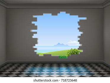 A break in the wall of a dark room. Exit from the corridor. The natural landscape.