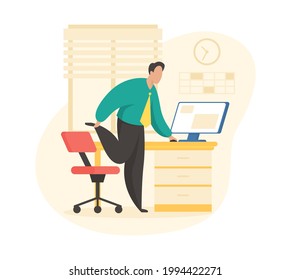 Break For Warm Up. Businessman Stretches Legs After Sitting Long Time At Computer. Workplace Fitness Active Elements. Relief Muscle Tension With Increased Productivity. Vector Illustration Isolated