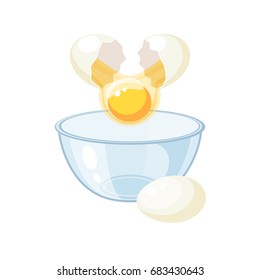 Break the white egg and pour into a bowl. Vector illustration flat icon isolated on white.