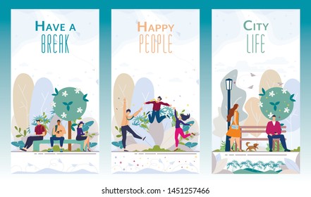 Break in Work, City People Happy Life Flat Vector Vertical Banners, Posters Templates Set. Man, Woman Messaging, Chatting on Bench in Park, Jumping, Having Fun Outdoors, Walking with Dog Illustration