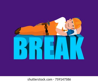 Break In Working Time. Builder Sleeping Isolated. Job Time Out. Worker In Protective Helmet Asleep. Vector Illustration.
